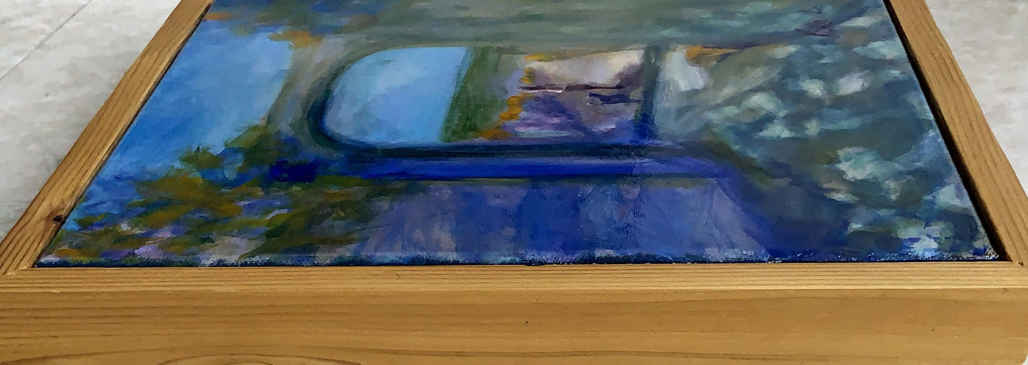 GIRL WALKING THE DOG INTO THE SUN - Oil Painting - 14"x11" on stretched canvas. It is ready to hang.
