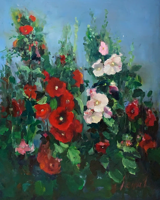 Hollyhocks Flower- Oil Painting - 20"x16"., on synthetic board