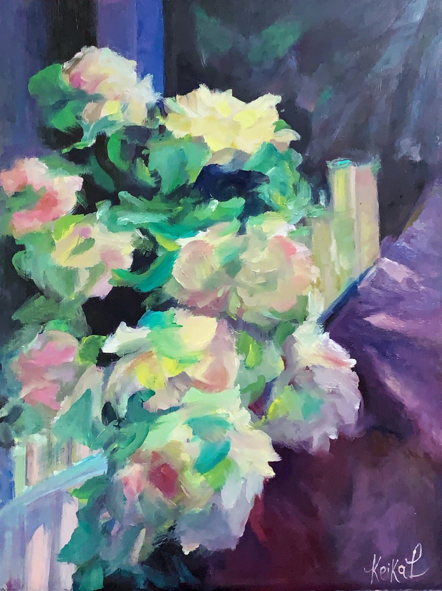 ROSES ON FENCE - Oil Painting - 16"x14"., on wood board