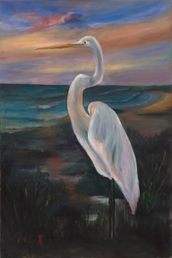 THE WITHE GREAT EGRET -SEASCAPE - Oil Painting - Oil Painting - 36"x24" on stretched canvas. It is ready to hang.