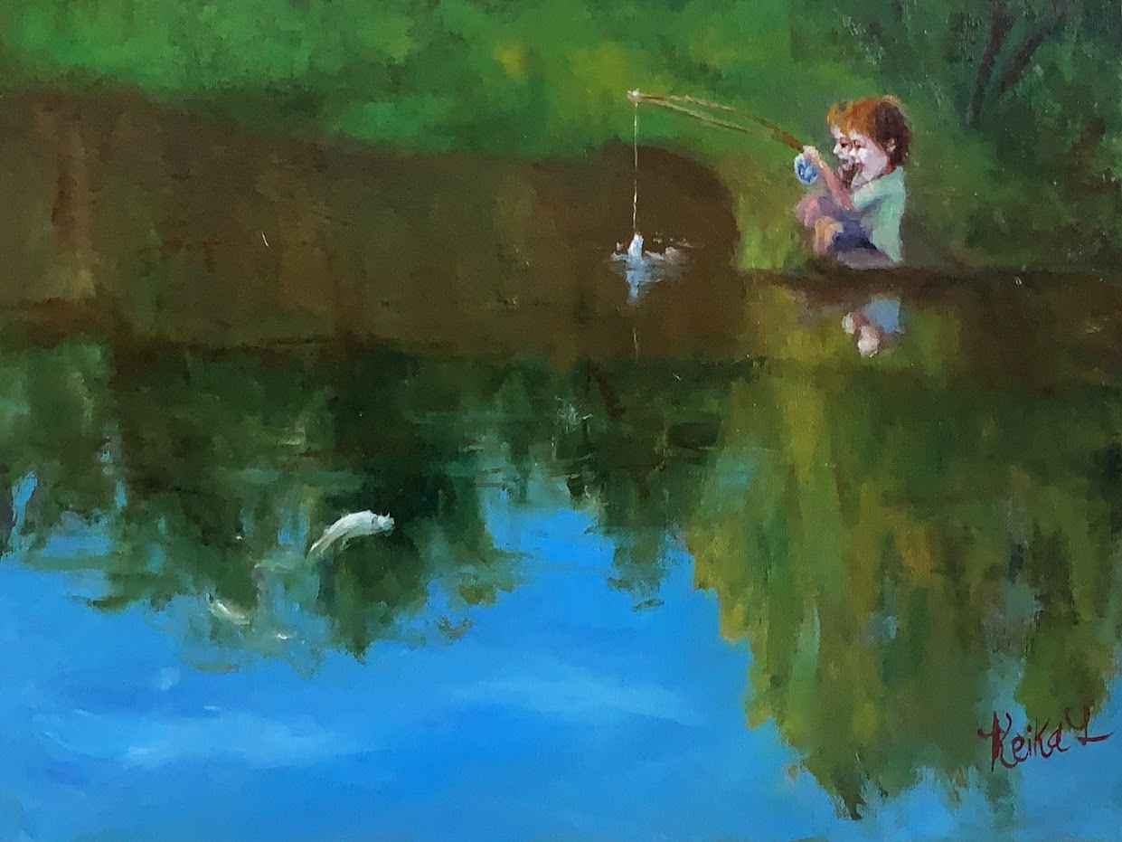 CHILDREN FISHING AT POND - Oil Painting - 16"x14" on stretched canvas. It is  ready to hang.