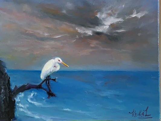 EGRET AND SEASCAPE - Oil Painting - 14"x11" on stretched canvas. It is  ready to hang.