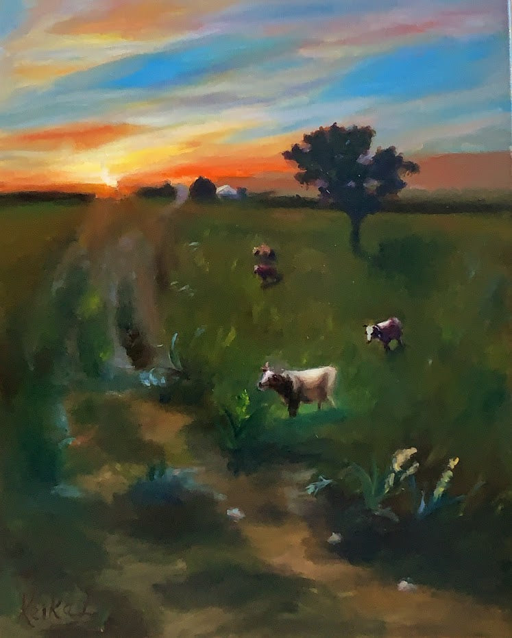 FARM AND COWS - SUNSET SCENE - Oil Painting - 20"x16" on stretched canvas. It is  ready to hang.