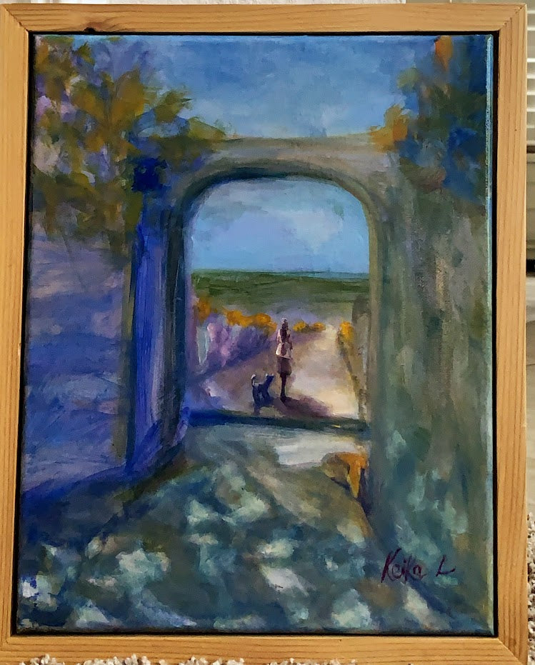 GIRL WALKING THE DOG INTO THE SUN - Oil Painting - 14"x11" on stretched canvas. It is  ready to hang.
