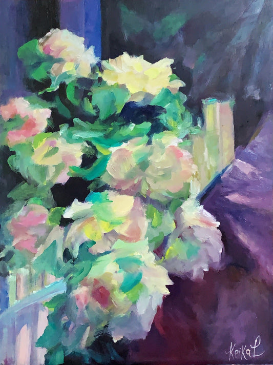 ROSES ON FENCE - Oil Painting - 16"x14"., on  wood board