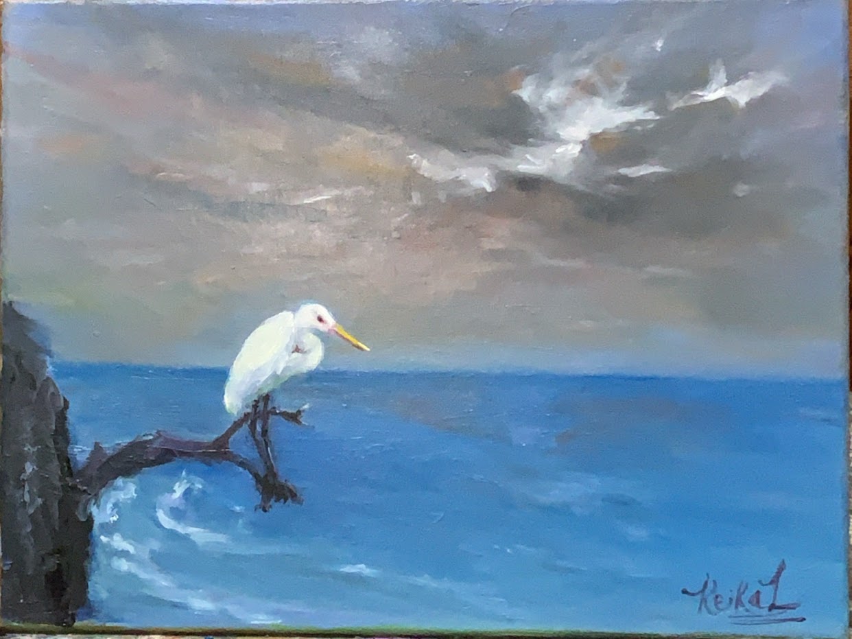 EGRET AND SEASCAPE - Oil Painting - 14"x11" on stretched canvas. It is  ready to hang.