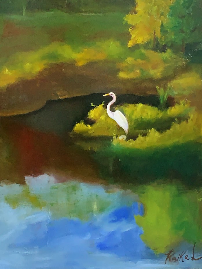 THE EGRET RESTING AT POND  - Oil Painting - 20"x16" on stretched canvas. It is  ready to hang.