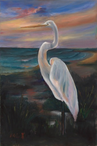 THE WITHE GREAT EGRET -SEASCAPE - Oil Painting - Oil Painting - 36"x24" on stretched canvas. It is  ready to hang.