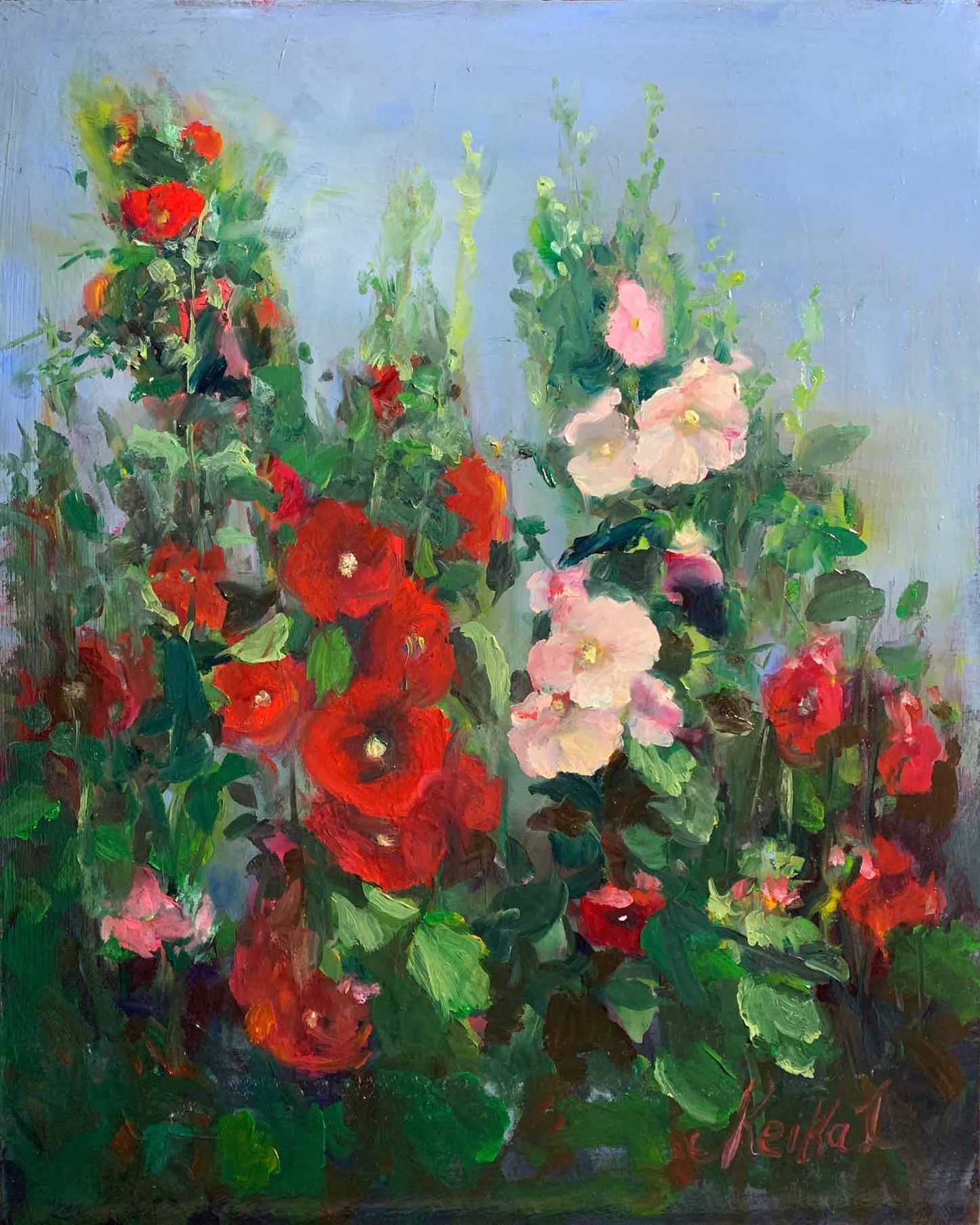 Hollyhocks Flower- Oil Painting - 20"x16"., on synthetic board